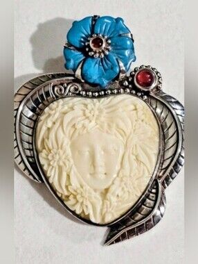 Vintage SAJEN 925 Sterling Silver Carved Bone Goddess Face Brooch Pendant